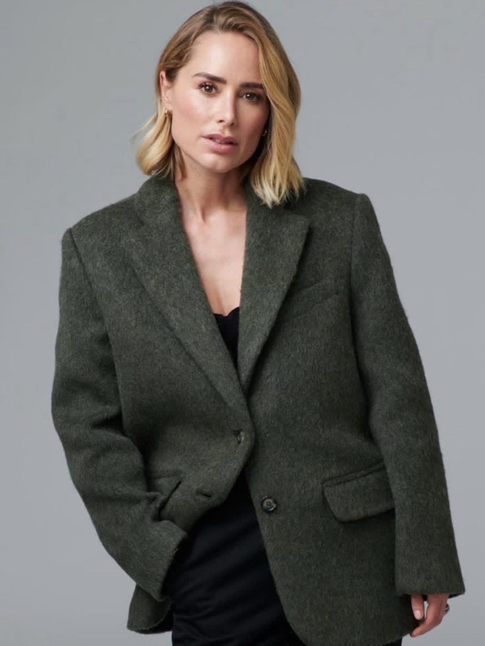 Anine Bing Quinn Dark Olive Tailored Wool-Blend Blazer